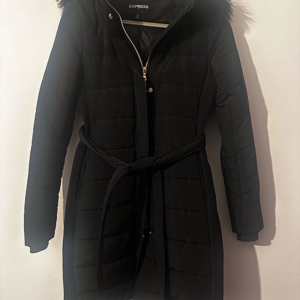 Express Women's Elegant Black Belted Puffer Jacket